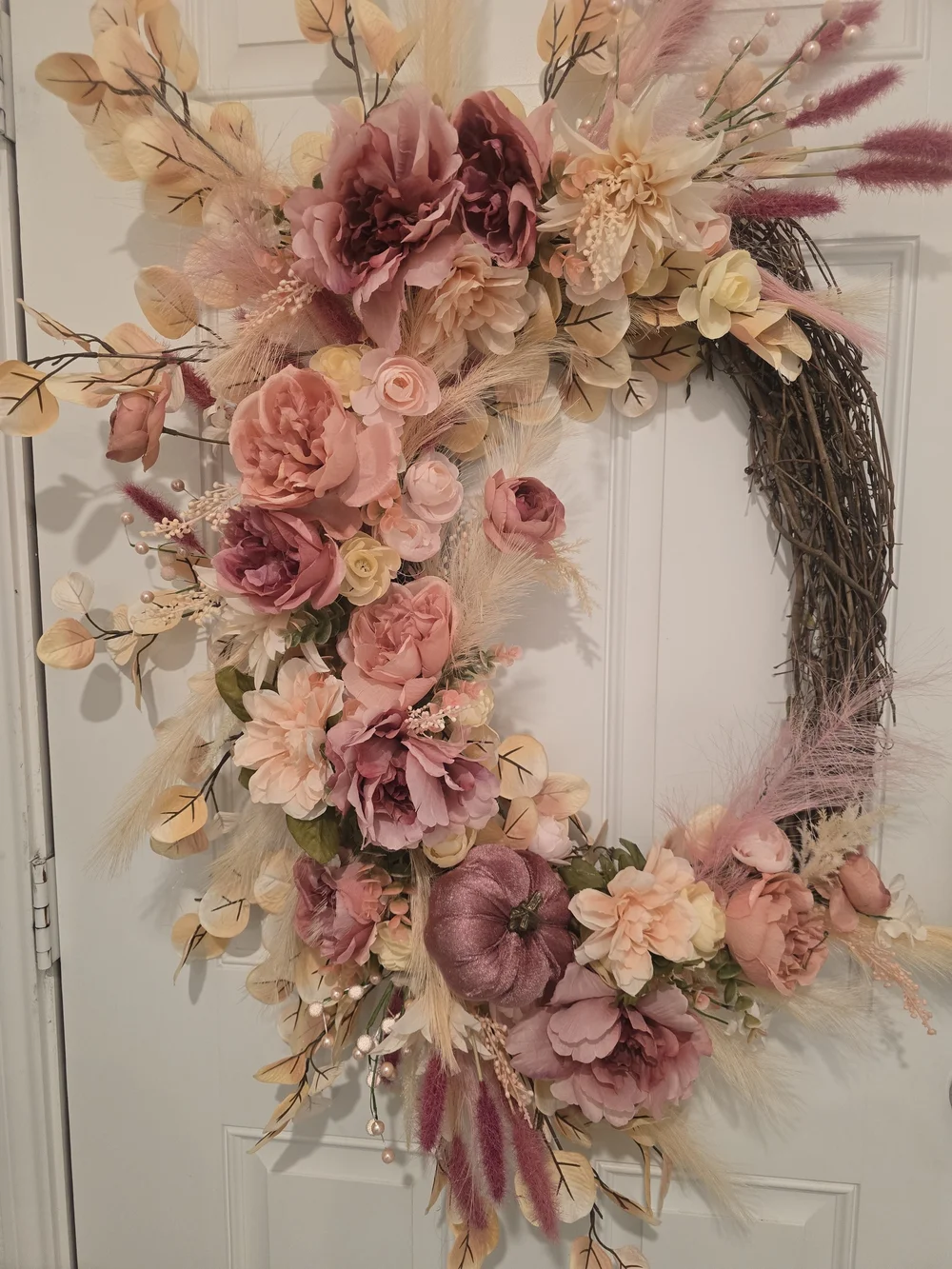 W020 - Decorative Pink and Blush Floral Grapevine Wreath - Fall Pumpkin
